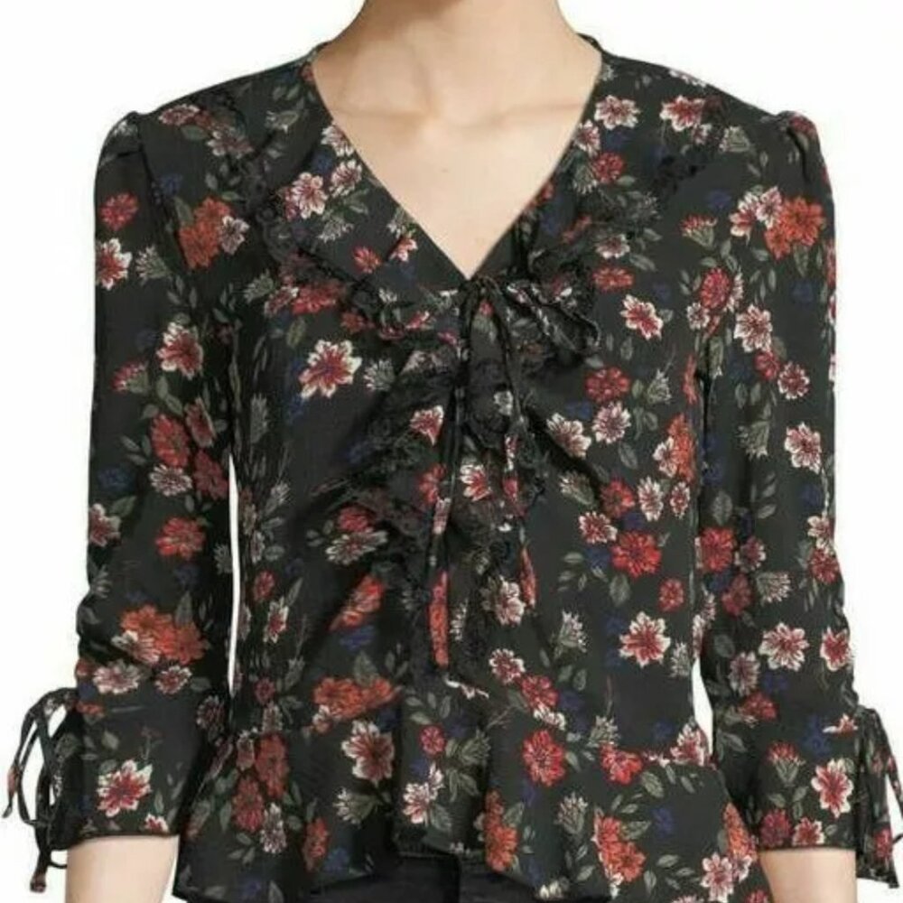 Free Generation LA Black Floral Ruffle Top Blouse 3/4 Sleeves
